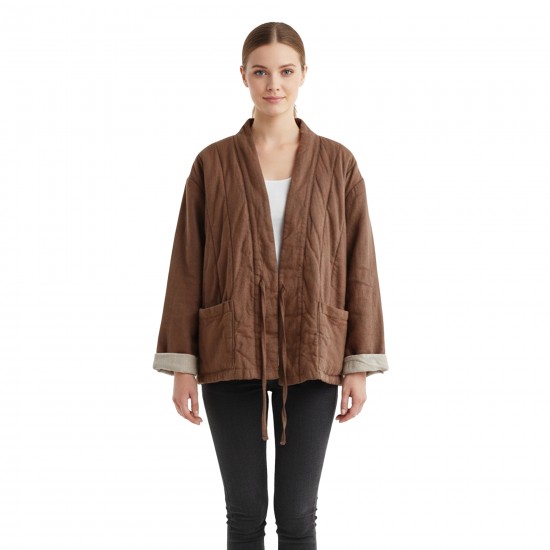 Reversible Quilted Linen Wrap Jacket for Women | Padded Kimono-Style Linen Coat with Pockets