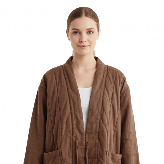 Reversible Quilted Linen Wrap Jacket for Women | Padded Kimono-Style Linen Coat with Pockets