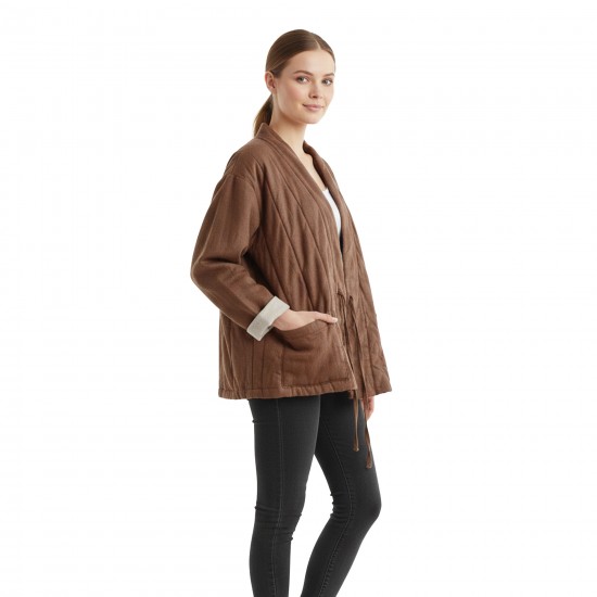 Reversible Quilted Linen Wrap Jacket for Women | Padded Kimono-Style Linen Coat with Pockets
