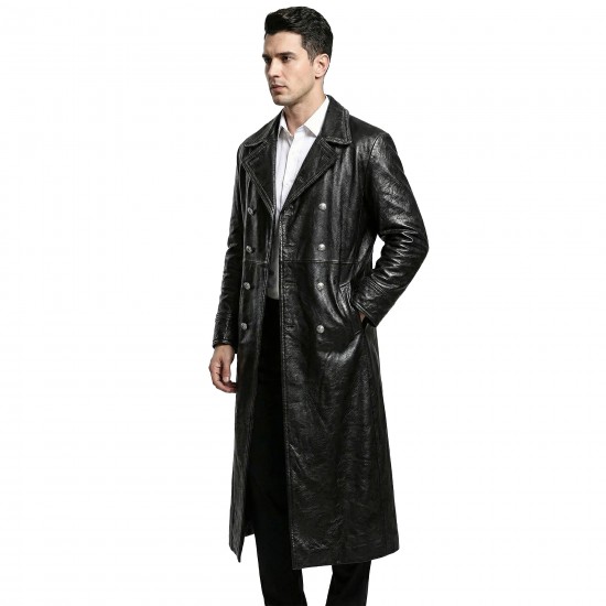 Men’s Black Leather Trench Coat – WWII German Officer Inspired Vintage Double-Breasted Overcoat
