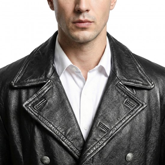 Men’s Black Leather Trench Coat – WWII German Officer Inspired Vintage Double-Breasted Overcoat