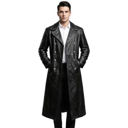 Men’s Black Leather Trench Coat – WWII German Officer Inspired Vintage Double-Breasted Overcoat