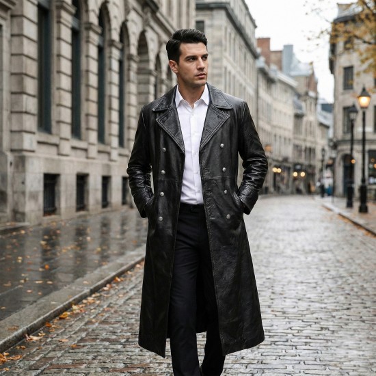 Men’s Black Leather Trench Coat – WWII German Officer Inspired Vintage Double-Breasted Overcoat