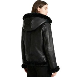 Women’s Black B3 Shearling Bomber Jacket – Genuine Sheepskin Aviator Coat with Detachable Hood 