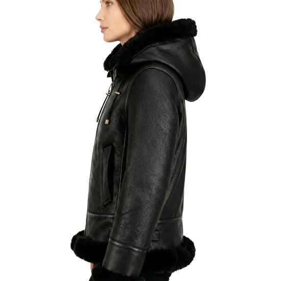 Women’s Black B3 Shearling Bomber Jacket – Genuine Sheepskin Aviator Coat with Detachable Hood 