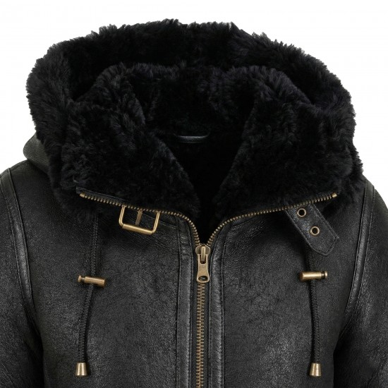Women’s Black B3 Shearling Bomber Jacket – Genuine Sheepskin Aviator Coat with Detachable Hood 