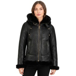 Women’s Black B3 Shearling Bomber Jacket – Genuine Sheepskin Aviator Coat with Detachable Hood 