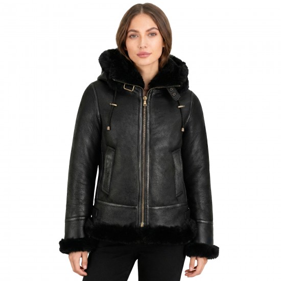 Women’s Black B3 Shearling Bomber Jacket – Genuine Sheepskin Aviator Coat with Detachable Hood 
