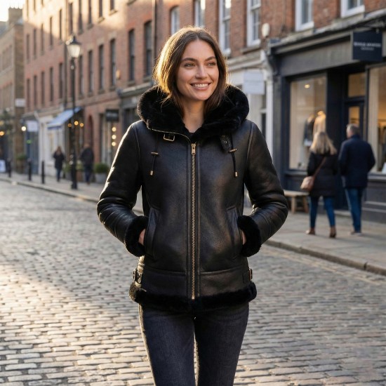 Women’s Black B3 Shearling Bomber Jacket – Genuine Sheepskin Aviator Coat with Detachable Hood 