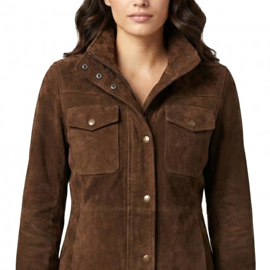 Women’s Brown Suede Leather Jacket – Handmade Utility Style Jacket, Genuine Leather