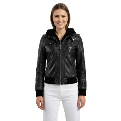 Women’s Hooded Leather Bomber Jacket – Genuine Lambskin Biker Style with Removable Hood
