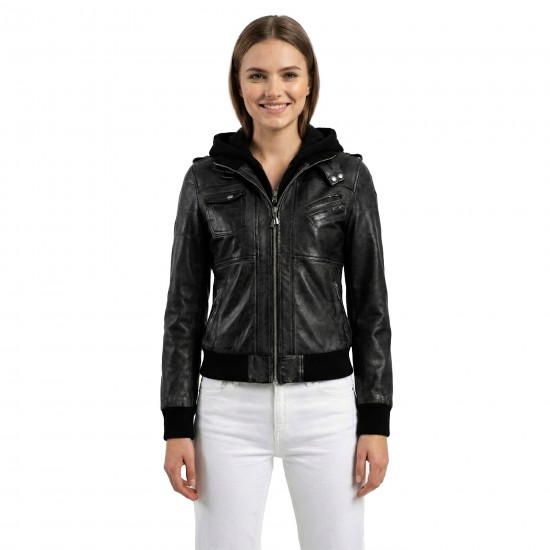 Women’s Hooded Leather Bomber Jacket – Genuine Lambskin Biker Style with Removable Hood Women’s Hooded Leather Bomber Jacket – Genuine Lambskin Biker Style with Removable Hood