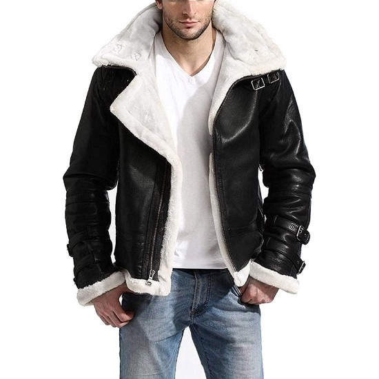 Acro B4 Bomber Navy Blue Fur Leather Jacket