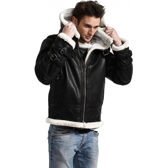 Acro B4 Bomber Navy Blue Fur Leather Jacket