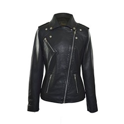 Faneema Neva Asymmetrical Moto Lambskin Leather Jacket for Women, Black 