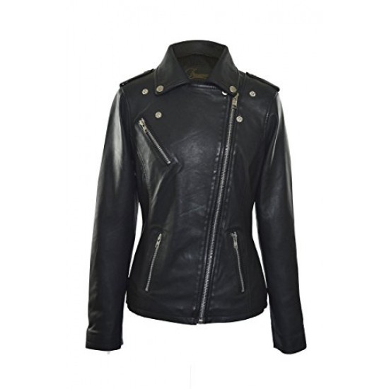 Faneema Neva Asymmetrical Moto Lambskin Leather Jacket for Women, Black 
