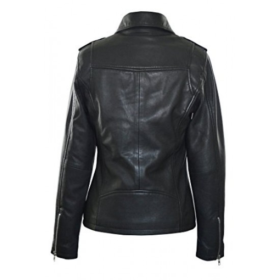Faneema Neva Asymmetrical Moto Lambskin Leather Jacket for Women, Black 