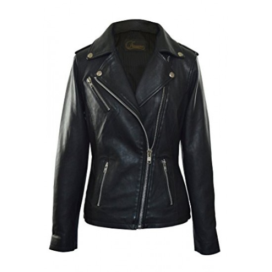 Faneema Neva Asymmetrical Moto Lambskin Leather Jacket for Women, Black 