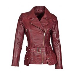 Ladies Real Leather Hip Length Belted Biker Casual Jacket Celia Burgundy