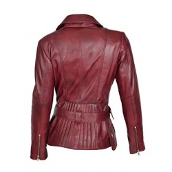 Ladies Real Leather Hip Length Belted Biker Casual Jacket Celia Burgundy