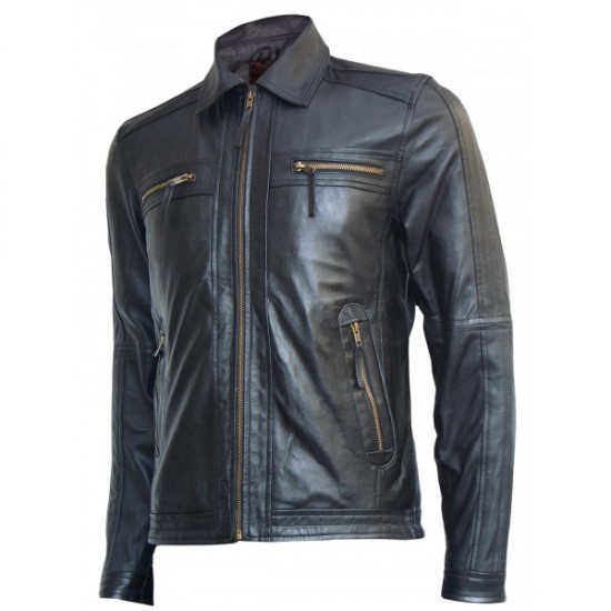 Biker Look Men's Black Leather Jacket - Grayson