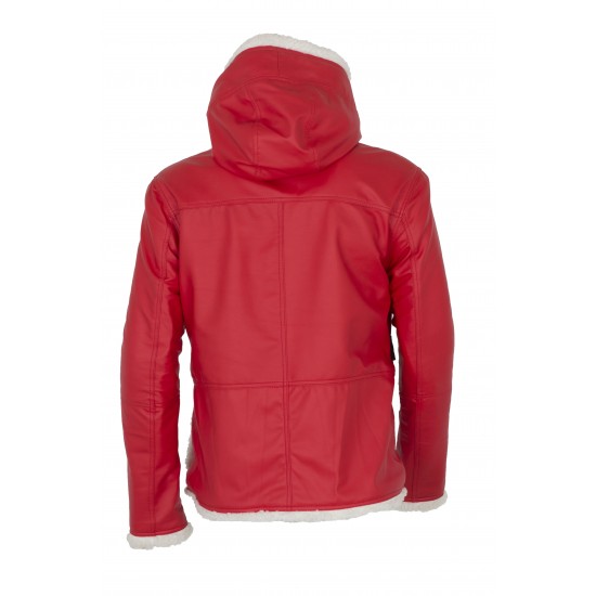 Men's Santa Claus Winter Christmas Hooded Fur Lined Red Leather Coat