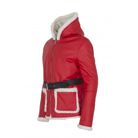 Men's Santa Claus Winter Christmas Hooded Fur Lined Red Leather Coat