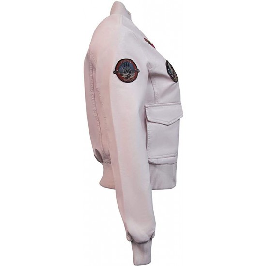 Top Gun Flight Patches Real Leather Pink Women’s Bomber Jacket 
