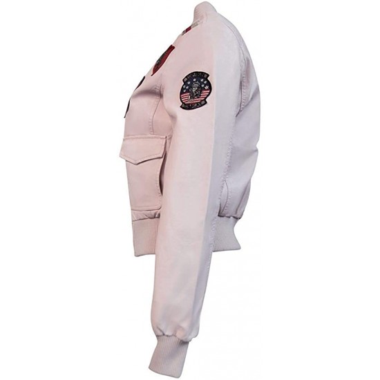 Top Gun Flight Patches Real Leather Pink Women’s Bomber Jacket 
