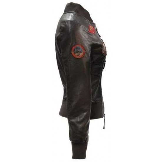 Flight Patches TOP Gun Womens Real Leather Bomber Jacket