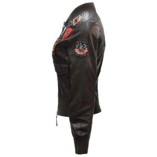 Flight Patches TOP Gun Womens Real Leather Bomber Jacket