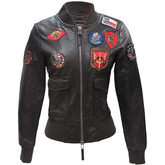 Flight Patches TOP Gun Womens Real Leather Bomber Jacket