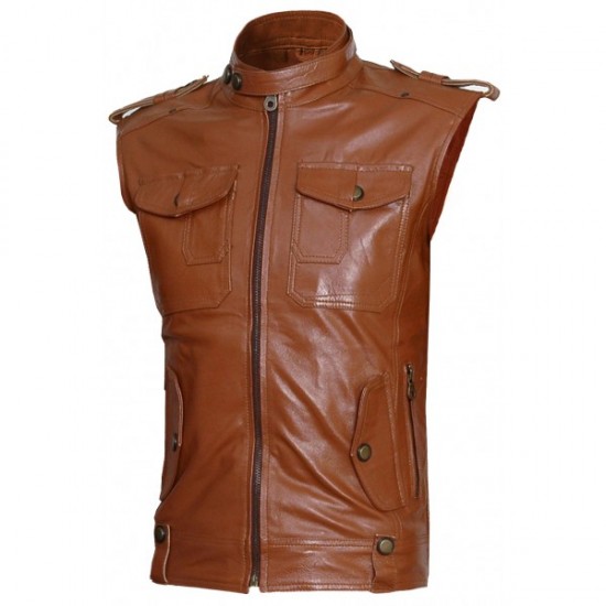 Biker Wear Men's Tan Leather Biker Vest - Tabb